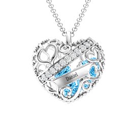 Engravable Heart Cage Pendant With 1 - 6 Heart Gemstones in 925 Sterling Silver with Blue Topaz, Aquamarine, and Emerald