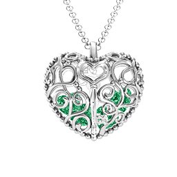 Filigree Lock & Key Heart Cage Pendant in 925 Sterling Silver with Emerald and Aquamarine