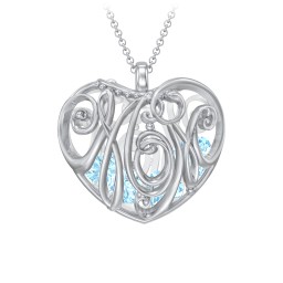 Graceful Mom Heart Cage Pendant With 2-8 Birthstones in 925 Sterling Silver with Blue Topaz, Emerald, Blue Sapphire, and Ruby