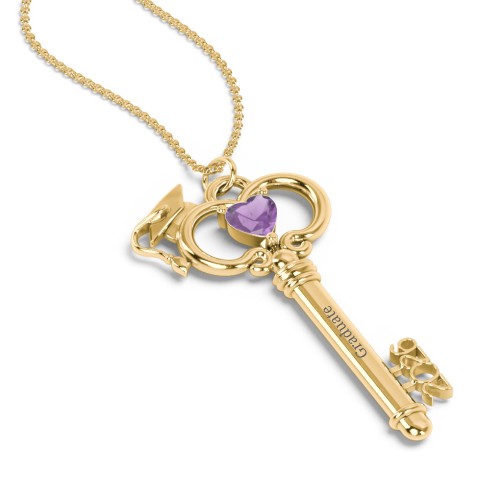 Graduation Key Pendant – 18K Gold Plated Silver with Amethyst