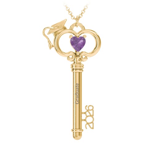 Graduation Key Pendant – 18K Gold Plated Silver with Amethyst