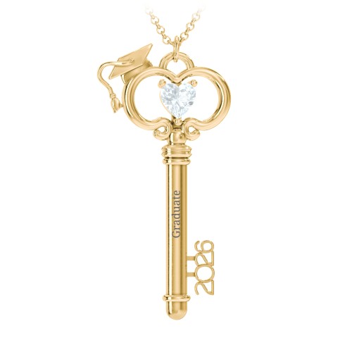 Graduation Key Pendant – 18K Gold Plated Silver with Aquamarine