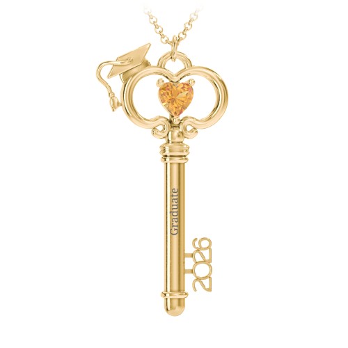Graduation Key Pendant – 18K Gold Plated Silver with Citrine