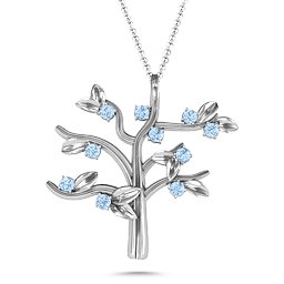 Family Forever 10-Stone Family Tree Necklace in 925 Sterling Silver with Aquamarine
