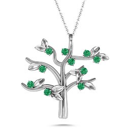 Family Forever 10-Stone Family Tree Necklace in 925 Sterling Silver with Emerald