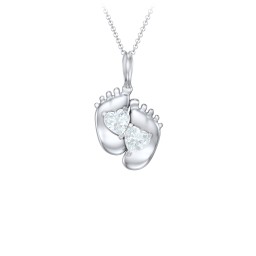 Engravable Baby Feet Two Stone Pendant in 925 Sterling Silver with Aquamarine
