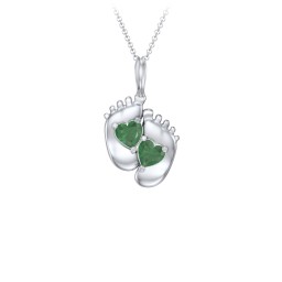 Engravable Baby Feet Two Stone Pendant in 925 Sterling Silver with Emerald