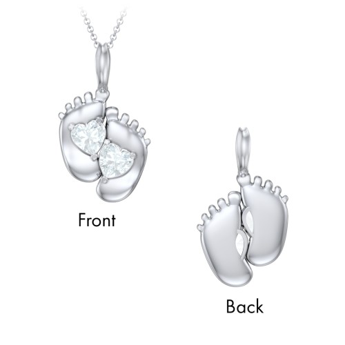 Engravable Baby Feet Two Stone Pendant – Sterling Silver with Aquamarine