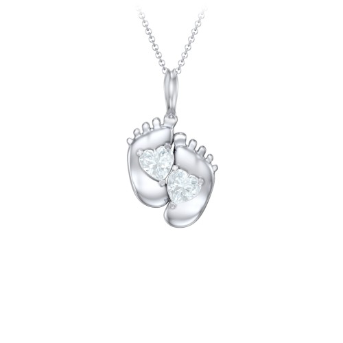 Engravable Baby Feet Two Stone Pendant – Sterling Silver with Aquamarine
