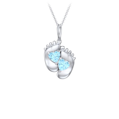 Engravable Baby Feet Two Stone Pendant – Sterling Silver with Blue Topaz