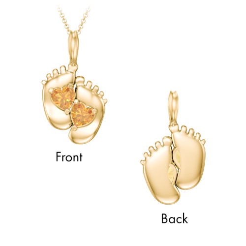 Engravable Baby Feet Two Stone Pendant – 10K Yellow Gold with Citrine