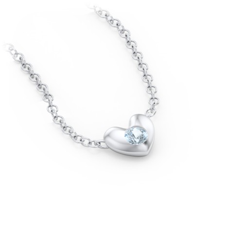 Puffed Heart Pendant with Gemstone – Sterling Silver with Aquamarine