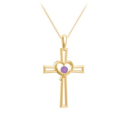 Cross and Heart Pendant with Birthstone in 18K Gold Plated Silver with Amethyst
