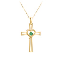 Cross and Heart Pendant with Birthstone in 18K Gold Plated Silver with Emerald