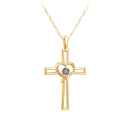 Cross and Heart Pendant with Birthstone in 18K Gold Plated Silver with Alexandrite
