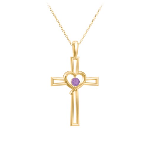 Cross and Heart Pendant with Birthstone – 18K Gold Plated Silver with Amethyst