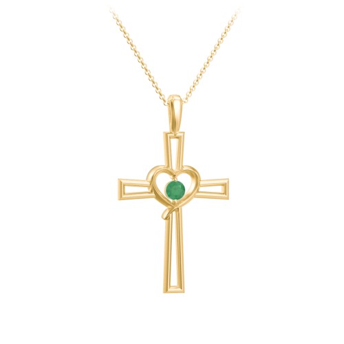 Cross and Heart Pendant with Birthstone – 18K Gold Plated Silver with Emerald