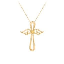 Angel Cross Pendant with Birthstone in 18K Gold Plated Silver with Citrine
