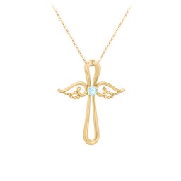 Angel Cross Pendant with Birthstone in 18K Gold Plated Silver with Blue Topaz