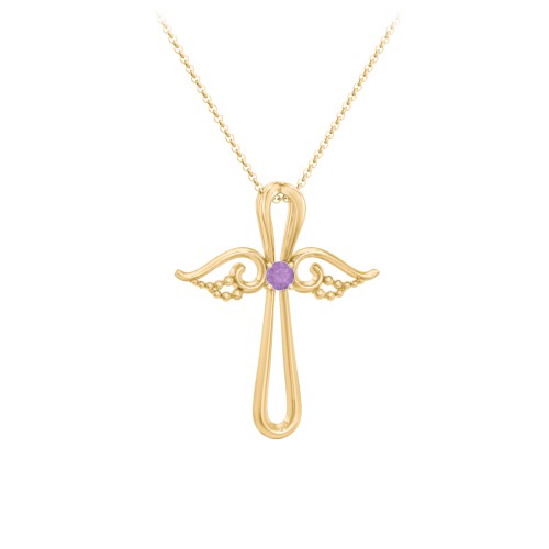 Angel Cross Pendant with Birthstone – 18K Gold Plated Silver with Amethyst