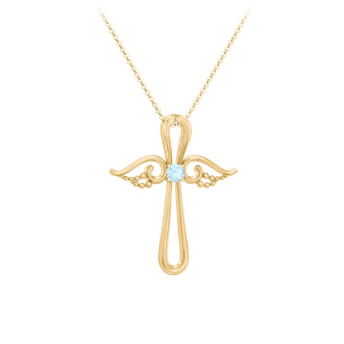Angel Cross Pendant with Birthstone – 18K Gold Plated Silver with Blue Topaz