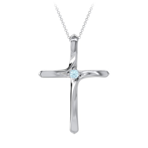 Twisted Cross Pendant with Birthstone – Sterling Silver with Blue Topaz