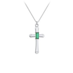 Mini Cross with Baguette Birthstone in 925 Sterling Silver with Emerald