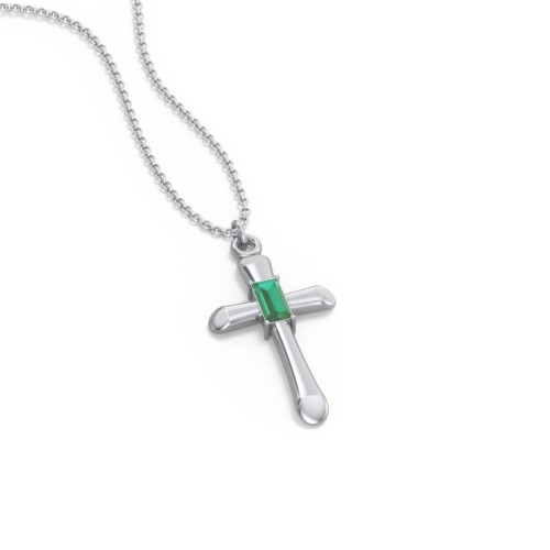 Mini Cross with Baguette Birthstone – Sterling Silver with Emerald