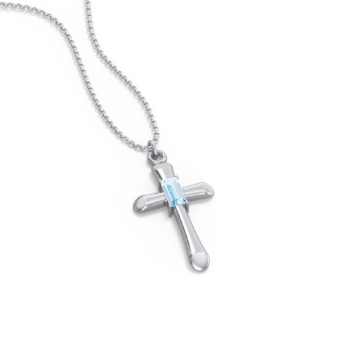 Mini Cross with Baguette Birthstone – Sterling Silver with Blue Topaz