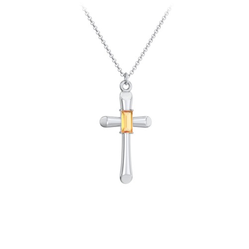Mini Cross with Baguette Birthstone – Sterling Silver with Citrine