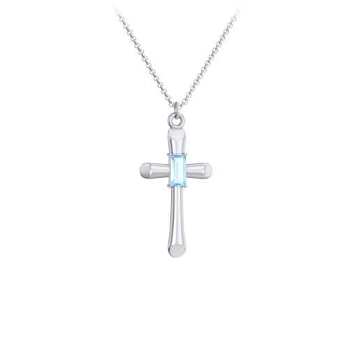 Mini Cross with Baguette Birthstone – Sterling Silver with Blue Topaz