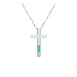 Modern Cross with Baguette Birthstone in 925 Sterling Silver with Emerald