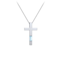 Modern Cross with Baguette Birthstone in 925 Sterling Silver with Blue Topaz