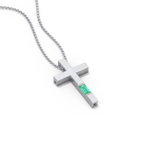 Modern Cross with Baguette Birthstone – Sterling Silver with Emerald