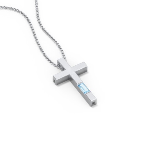 Modern Cross with Baguette Birthstone – Sterling Silver with Blue Topaz
