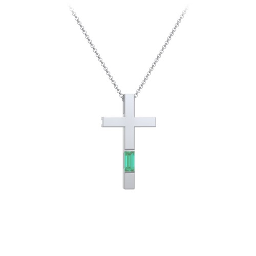 Modern Cross with Baguette Birthstone – Sterling Silver with Emerald