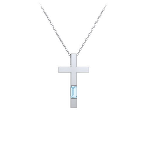 Modern Cross with Baguette Birthstone – Sterling Silver with Blue Topaz
