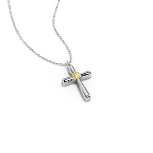 Mini Cross with Birthstone – Sterling Silver with Citrine