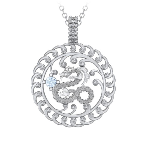 Year of the Dragon Chinese Zodiac Medallion Necklace – Sterling Silver with Aquamarine