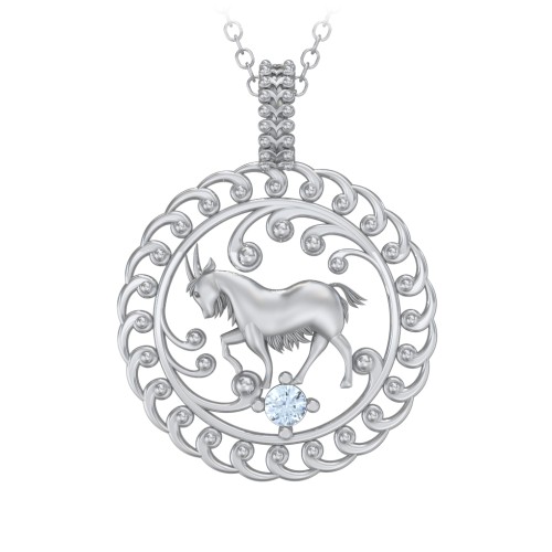 Year of the Goat Chinese Zodiac Medallion Necklace – Sterling Silver with Aquamarine