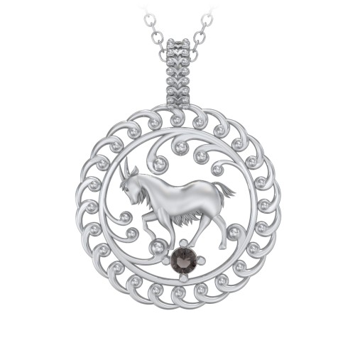 Year of the Goat Chinese Zodiac Medallion Necklace – Sterling Silver with Smokey Quartz