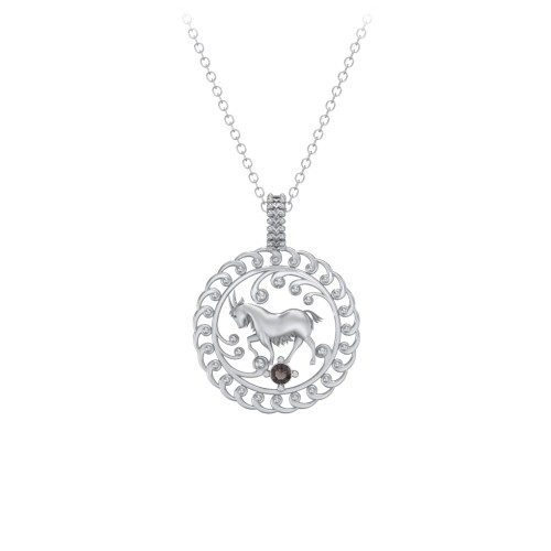 Year of the Goat Chinese Zodiac Medallion Necklace – Sterling Silver with Smokey Quartz