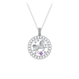 Year of the Horse Chinese Zodiac Medallion Necklace in 925 Sterling Silver with Amethyst