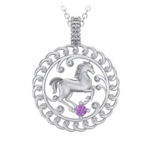 Year of the Horse Chinese Zodiac Medallion Necklace – Sterling Silver with Amethyst