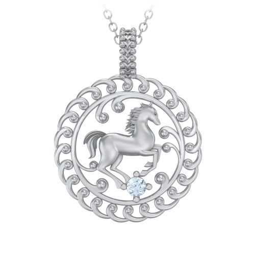 Year of the Horse Chinese Zodiac Medallion Necklace – Sterling Silver with Aquamarine