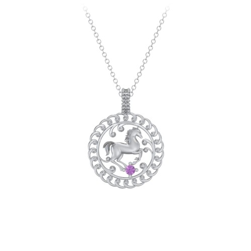Year of the Horse Chinese Zodiac Medallion Necklace – Sterling Silver with Amethyst