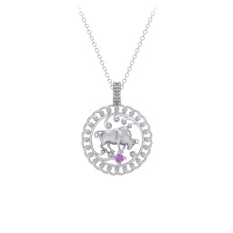 Year of the Ox Chinese Zodiac Medallion Necklace in 925 Sterling Silver with Amethyst