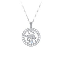 Year of the Ox Chinese Zodiac Medallion Necklace in 925 Sterling Silver with Aquamarine
