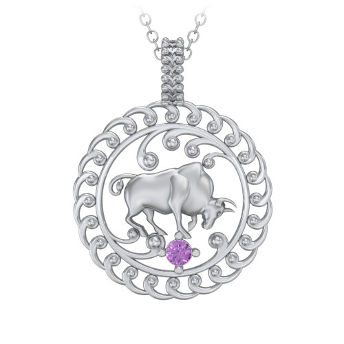 Year of the Ox Chinese Zodiac Medallion Necklace – Sterling Silver with Amethyst