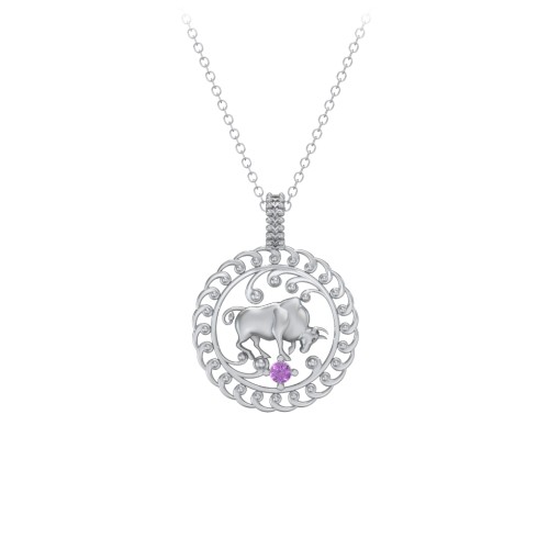 Year of the Ox Chinese Zodiac Medallion Necklace – Sterling Silver with Amethyst